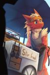  2019 ambiguous_gender anthro apron blaziken blue_eyes chest_tuft clothing cookware day food_cart frying_pan fur headgear headwear hi_res kitchen_utensils kojin kuttoyaki ladle looking_aside nintendo pok&eacute;mon pok&eacute;mon_(species) red_body red_fur scut_tail scuted_arms shaded sky smile solo spatula tools tuft umbrella video_games walking yellow_body yellow_fur yellow_sclera 