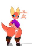  anthro big_breasts big_butt blue_eyes breasts butt clothing dialogue dialogue_box female footwear genitals gloves handwear hi_res horn kajizy knee_pads kobold legwear long_tail non-mammal_breasts oran_(kajizy) orange_body panties pantyhose pussy reptile scalie shirt shoes simple_background sneakers solo spots spotted_body t-shirt thick_thigh topwear underwear white_background 