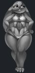  anthro big_breasts breasts canid canine claws cleavage clothed clothing disney female fur grey_background half-closed_eyes hand_on_hip hi_res isolatedartest judy_hopps lagomorph leporid mammal monochrome narrowed_eyes rabbit simple_background small_breasts solo standing teeth thick_thighs tongue wide_hips zootopia 