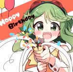  1girl absurdres aiming_at_viewer bare_shoulders confetti goggles goggles_on_head green_eyes green_hair gumi happy_birthday highres looking_at_viewer medium_hair open_mouth orange_shirt pachio_(patioglass) party_popper red_goggles shirt sleeveless sleeveless_shirt smile solo streamers upper_body vocaloid wrist_cuffs 