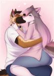  absurd_res anthro blush bottomwear canid canine canis clothing delki denim denim_clothing duo female hair hi_res hug jeans kissing long_hair male male/female mammal pants pink_hair pink_nose romantic_couple shirt topwear wolf 