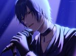  1boy black_gloves blue_background blue_eyes blue_hair blue_theme choker commentary gloves holding holding_microphone kaito light_particles magical_mirai_(vocaloid) male_focus microphone music nokuhashi pendant_choker singing spotlight upper_body vocaloid 