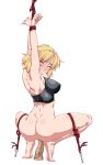  1girl ass barefoot blonde_hair blush breasts censored clenched_teeth closed_eyes dildo dildo_riding eyebrows_visible_through_hair from_behind full_body highres large_breasts mizuhashi_parsee mosaic_censoring nose_blush ootsuki_wataru pointy_ears restrained rope sex_toy short_hair simple_background solo squatting sweat teeth touhou white_background 