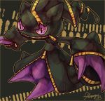  2013 alaspargus banette black_background commentary creature english_commentary full_body gen_3_pokemon mega_banette mega_pokemon no_humans pokemon pokemon_(creature) purple_eyes signature simple_background solo 