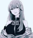  1girl bare_shoulders breasts dress greyscale grin headphones jacket jacket_removed long_hair looking_at_viewer medium_breasts megurine_luka moa0291 monochrome sleeveless sleeveless_dress smile solo upper_body vocaloid 