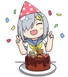  1girl birthday_cake blue_sailor_collar cake closed_eyes commentary_request confetti facing_viewer food hair_ornament hair_over_one_eye hairclip hamakaze_(kantai_collection) hamatsu! happy_birthday hat kantai_collection neckerchief party_hat sailor_collar school_uniform serafuku short_hair short_sleeves silver_hair smile solo stuffed_animal stuffed_toy teddy_bear yellow_neckwear 