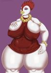  anthro avian big_breasts bird breasts chicken female galliform gallus_(genus) goldcrustedchicken hand_on_hip hi_res holding_breast huge_breasts jewelry marsa mature_anthro mature_female necklace nipple_outline phasianid purple_background simple_background slightly_chubby thick_thighs 