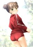  1girl ass bangs blurry blurry_background blush brown_hair buruma closed_mouth commentary_request depth_of_field double_bun dutch_angle eyebrows_visible_through_hair from_behind green_eyes gym_uniform highres jacket long_sleeves looking_at_viewer looking_back original red_buruma red_jacket shibacha solo standing track_jacket 