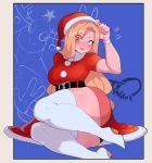  1girl animal_costume animal_head belt belt_buckle blonde_hair blue_eyes blush boots breasts buckle calgary_callie embarrassed eyebrows_visible_through_hair eyeliner hat high_heel_boots high_heels highres lipstick long_hair looking_at_viewer makeup nyantcha original ornament santa_costume santa_hat smile solo thick_thighs thighhighs thighs v wristband 