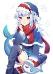  1girl adapted_costume bangs bloop_(gawr_gura) blue_eyes blue_hair blunt_bangs capelet christmas english_commentary eyebrows_behind_hair fangs fish_tail fur_trim gawr_gura hat hololive hololive_english long_hair multicolored_hair open_mouth petting red_scarf santa_hat satchely scar scarf shark shark_tail silver_hair sitting smile solo streaked_hair tail thighhighs virtual_youtuber white_background 