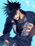  1boy bikkusama black_hair black_jacket black_pants black_shirt blood blood_on_face blood_on_hands blue_background blue_eyes collarbone cowboy_shot eyes_visible_through_hair fushiguro_megumi hair_between_eyes hand_up highres jacket jujutsu_kaisen long_sleeves looking_at_viewer male_focus open_mouth paint_splatter pants shirt short_hair simple_background smile solo spiked_hair tsurime 