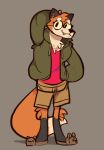  2020 anthro big_eyes bottomwear canid canine cargo_shorts clothed clothing eyewear fox glasses grey_background hand_behind_head hi_res hoodie looking_at_viewer male mammal open_clothing open_hoodie open_topwear scraffyraccoon shirt shorts simple_background slippers smile solo standing topwear ursid 