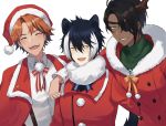  animal_ears aragami_ouga black_hair christmas gloves hair_between_eyes holostars jackal_ears kageyama_shien looking_at_viewer male_focus mole mole_under_eye multicolored_hair multiple_boys open_mouth purple_eyes santa_costume shirt short_hair smile streaked_hair virtual_youtuber white_hair yellow_eyes yukoku_roberu 