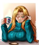  1girl alternate_costume blonde_hair breasts chin_piercing cup fate/grand_order fate_(series) green_eyes green_nails green_sweater hair_intakes highres holding holding_cup large_breasts long_hair long_sleeves mug one_eye_closed quetzalcoatl_(fate/grand_order) ribbed_sweater solo sweater turtleneck turtleneck_sweater zantyarz 