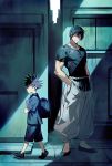  2boys absurdres aged_down backpack bag belt bikkusama black_belt black_footwear black_hair black_shirt black_shorts blue_eyes closed_mouth father_and_son full_body fushiguro_megumi fushiguro_touji hair_between_eyes hands_in_pockets highres jujutsu_kaisen light_smile looking_at_another male_focus multiple_boys outdoors pants pectorals profile randoseru scar scar_on_face shirt shoes short_hair short_sleeves shorts smile spiked_hair standing toned toned_male walking white_pants 