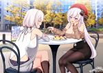  2girls :d aran_sweater arm_rest autumn azur_lane bangs bare_shoulders belfast_(azur_lane) belfast_(shopping_with_the_head_maid)_(azur_lane) beret black_legwear black_skirt blush boots breasts brown_footwear brown_sleeves brown_sweater building cameo casual chair chinese_commentary choker cleavage closed_eyes collarbone covered_nipples crossed_legs day detached_sleeves earrings english_commentary eyebrows_visible_through_hair food fork fruit grey_sleeves grey_sweater hair_between_eyes hand_on_own_cheek hand_on_own_face hat holding holding_fork hoop_earrings jewelry knee_boots large_breasts long_hair looking_at_another low_twintails meme_attire mixed-language_commentary multiple_girls off-shoulder_sweater off_shoulder open_mouth pantyhose pencil_skirt photo_background plaid plaid_skirt ppshex purple_skirt red_headwear shirt short_hair short_twintails sidelocks signature silver_hair sirius_(azur_lane) sitting skirt sleeveless sleeveless_shirt smile strawberry sweater table twintails upper_teeth virgin_killer_sweater whipped_cream white_hair white_shirt 