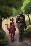 2020 4_toes anthro armor biped breasts claws clothed clothing curved_horn day detailed_background digital_media_(artwork) digitigrade duo ethrk female fingers forest fully_clothed hi_res horn human knight kobold magic_user male mammal non-mammal_breasts plant plate_armor red_body red_eyes red_skin scalie toe_claws toes tree walking warrior wide_hips 