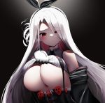  1girl 25l absurdres azur_lane bare_shoulders black_gloves black_hairband black_ribbon blush breast_lift breasts character_request closed_mouth clothes_lift corset crop_top dark_background eyebrows_visible_through_hair eyes_visible_through_hair gloves gradient gradient_background hair_over_one_eye hair_ribbon hairband highres lifted_by_self looking_at_viewer mole mole_under_eye off_shoulder prinz_heinrich_(azur_lane) red_eyes ribbon silver_hair solo straight_hair underboob upper_body wing_collar 