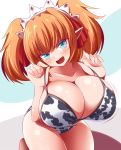  1girl :d animal_print blonde_hair blue_eyes blush breasts cleavage cow_print fairy fairy_wings fang hair_ribbon highres huge_breasts open_mouth oppai_loli pointy_ears ribbon short_hair skin_fang smile solo strap_lift sunny_milk touhou twintails wings xialu_zajin 