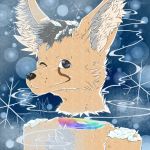  1:1 anthro bodily_fluids candy_gore canid canine digital_media_(artwork) fox fur head_shot looking_at_viewer male mammal mystic olo one_eye_closed simple_background smile solo universe windzurartz wink 