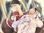  3girls alcohol anus areolae azur_lane beer beer_mug bismarck_(azur_lane) blonde_hair blue_eyes blush bottomless bow breasts breasts_outside brown_eyes chinese_commentary collar commentary_request cross cross_earrings cup earrings finger_licking hair_bow hat highres huge_breasts indoors jewelry kive large_breasts licking long_hair military_hat mug multicolored_hair multiple_girls nipples pantyhose prinz_eugen_(azur_lane) pussy pussy_juice roon_(azur_lane) roon_(muse)_(azur_lane) santa_costume short_hair silver_hair smile spread_pussy streaked_hair tongue tongue_out yuri 