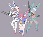  3girls ahoge aqua_eyes blue_eyes breasts brown_hair covered_navel covered_nipples energy_wings eyebrows_visible_through_hair floating green_eyes grey_background gun gun-ez gundam head_wings highres holding holding_gun holding_weapon large_breasts long_hair looking_at_viewer mecha_musume michi_kuso multiple_girls navel open_hand open_mouth pink_hair short_hair skin_tight v-shaped_eyebrows v2_gundam v_gundam victory_gundam weapon white_hair 