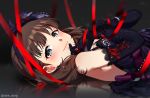  1girl :3 bangs bare_shoulders black_background blue_eyes blush brown_hair closed_mouth dress earrings elbow_gloves eyebrows_visible_through_hair feathers from_side gloves hair_feathers idolmaster idolmaster_cinderella_girls jewelry looking_at_viewer looking_to_the_side lying on_back purple_dress purple_gloves red_ribbon reflection ribbon sake_dong sakuma_mayu short_hair simple_background sleeveless sleeveless_dress smile solo upper_body wrapped_up 