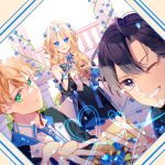  1girl 2boys :d absurdres alice_zuberg blonde_hair blue_bow blue_eyes blue_neckwear blue_ribbon bow closed_mouth dress eugeo fingernails green_eyes hair_ribbon highres kirito long_hair looking_at_viewer multiple_boys one_eye_closed open_mouth purple_eyes reaching_out ribbon smile sword_art_online sword_art_online:_alicization v vest white_background yuan_haruka 