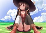  1girl bandaged_leg bandages bangs belt black_legwear black_panties blush brown_hair cape closed_mouth cloud collarbone commentary_request day dress gibun_(sozoshu) gloves hat highres knees_up kono_subarashii_sekai_ni_shukufuku_wo! looking_at_viewer megumin on_ground outdoors panties pantyshot red_dress red_eyes revision short_hair short_hair_with_long_locks single_thighhigh sitting solo thighhighs thighs underwear witch_hat with_you 