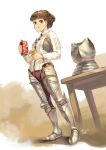  1girl armor armor_removed breastplate brown_hair can cola commentary dated dutch_angle eating english_commentary full_body greaves hair_bun highres holding original pirata_(gailtonatiu) plate_armor red_eyes sabaton signature simple_background solo table 