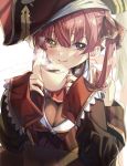  1girl bangs bare_shoulders blush breasts coffee cup hair_ribbon hat heterochromia highres hololive houshou_marine large_breasts long_hair looking_at_viewer open_mouth red_eyes red_hair ribbon shuri_(84k) smile solo twintails virtual_youtuber yellow_eyes 