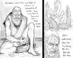  1boy amputee barefoot bb_(baalbuddy) beard candle carving commentary dildo dragon_dildo english_commentary english_text facial_hair greyscale hairy highres holding huge_dildo male_focus monochrome parody scalpel sculptor_(sekiro) sekiro:_shadows_die_twice sex_toy simple_background solo spiked_dildo white_background 