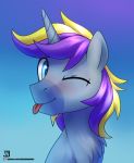  2020 absurd_res blonde_mane blue_background blue_eyes english_text equid equine fan_character feral hasbro hi_res horn jedayskayvoker male mammal mane multicolored_mane muzzle_(marking) my_little_pony one_eye_closed portrait purple_mane signature simple_background smile solo text tongue tongue_out unicorn url 