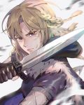  artist_name blonde_hair blurry blurry_background braid brown_gloves clivenzu closed_mouth commentary commission copyright_request english_commentary fingernails fur_trim glint gloves holding holding_sword holding_weapon hood hood_down looking_at_viewer medium_hair partially_fingerless_gloves purple_eyes short_sword solo sword upper_body weapon 