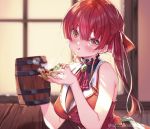  1girl bangs blush breasts cup eating food heterochromia highres hololive houshou_marine large_breasts long_hair looking_at_viewer mug pizza red_eyes red_hair ribbon shuri_(84k) smile solo twintails virtual_youtuber yellow_eyes 