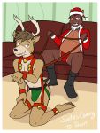  anthro antlers bell bell_harness boots casey_ramser cervid christmas christmas_clothing christmas_headwear clothed clothing duo english_text footwear furniture fuze harness hat headgear headwear hi_res holidays horn jingle_bell jingle_bell_harness jockstrap jorge_san_nicolas kneeling looking_at_viewer male male/male mammal navel open_clothing open_shirt open_topwear overweight overweight_male petplay ponyplay reins roleplay santa_hat shirt sitting sofa suid suina sus_(pig) texnatsu text thong topwear underwear wild_boar 
