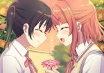  2girls bangs black_hair blurry blurry_background blush bow brown_hair closed_eyes closed_mouth deadnooodles eyebrows_visible_through_hair face facing_another flower from_side gradient_hair green_hair hair_ornament hand_up holding holding_flower love_live! love_live!_nijigasaki_high_school_idol_club multicolored_hair multiple_girls neck_ribbon open_mouth pink_bow pink_flower profile red_ribbon ribbon shirt short_hair symbol_commentary takasaki_yuu tearing_up translated uehara_ayumu vest white_shirt yellow_ribbon 