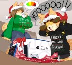  2020 absurd_res anthro big_breasts breasts brown_hair canid canine canis christmas christmas_clothing christmas_headwear clothed clothing cup domestic_dog duo english_text excited eyes_closed female fully_clothed hair hat headgear headwear hi_res holding_cup holding_object holidays inside jinu june_(jinu) male mammal mother mother_and_child mother_and_son open_mouth parent parent_and_child playstation playstation_5 santa_hat shiba_inu sitting skylar_(jinu) smile son sony_corporation sony_interactive_entertainment spitz sweater text text_on_clothing text_on_sweater text_on_topwear thick_thighs topwear video_games 