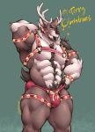  2020 abs anthro antlers armband armpit_hair bedroom_eyes bell bite biting_own_tongue body_hair bow_(knot) bracelet brown_body brown_fur bulge capreoline cervid chest_hair christmas clothing english_text fur green_background hand_behind_head hand_on_hip happy_trail harness hi_res holidays horn jewelry legband looking_at_viewer male mammal multicolored_body multicolored_fur muscular muscular_anthro muscular_male narrowed_eyes nipples pecs pubes quads raikarou red_nose reindeer seductive self_bite simple_background smile smirk solo standing tan_body tan_fur text thighband thong tongue tongue_bite tongue_out two_tone_body two_tone_fur underwear 