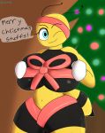  absurd_res anthro arthropod bea_(dezmine21) bee big_breasts black_stripes blue_eyes breast_squish breasts christmas christmas_tree dezmine21 female hi_res holidays hymenopteran insect non-mammal_breasts one_eye_closed plant solo squish stripes thick_thighs tree wink wrapped_up yellow_body 