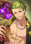  1boy abs alternate_costume bara bare_pecs chain_necklace character_request copyright_request flower green_eyes green_hair happy_birthday highres jacket light_green_hair male_focus muscular muscular_male open_clothes open_jacket pectorals purple_flower short_hair smile solo stomach umedairuka upper_body 