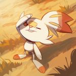  alaspargus bunny closed_mouth commentary creature day english_commentary frown full_body gen_8_pokemon grass no_humans outdoors pokemon pokemon_(creature) scorbunny shadow solo standing sunlight 