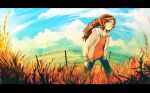  1girl blue_eyes brown_hair commentary day english_commentary fence flat_chest happy letterboxed long_sleeves looking_back original outdoors pants smile solo tuooneo walking wavy_hair winter_clothes 