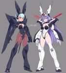  2girls animal_ears av-xo_type_zero bangs blue_eyes blue_hair breasts bunny_ears cleavage covered_navel green_hair hair_between_eyes highres kidou_keisatsu_patlabor leggings leotard long_hair mechanical_ears medium_breasts michi_kuso multiple_girls open_hands personification playboy_bunny_leotard police purple_hair red_eyes standing type_j-9_griffon very_long_hair 