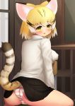 1girl absurdres animal_ear_fluff animal_ears ass bangs black_skirt blonde_hair blush breast_rest breasts cat_ears cat_girl chair deku_suke extra_ears eyebrows_visible_through_hair fang from_behind highres indoors kemono_friends large_breasts long_sleeves looking_at_viewer looking_back open_mouth panties sand_cat_(kemono_friends) short_hair sitting sitting_backwards skirt skirt_lift solo striped striped_panties tail_lift underwear yellow_eyes 