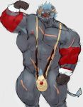  2020 abs anthro barazoku biceps big_muscles bikini blush bulge christmas clothing felid flexing gloves grey_background handwear hi_res holidays horn krampus_(housamo) lion looking_at_viewer male mammal muscular muscular_anthro muscular_male navel nipples obliques pantherine pecs scar simple_background sling_bikini solo standing swimwear tokyo_afterschool_summoners tora_gy video_games 