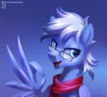  2020 absurd_res blue_background blue_body blue_eyes blue_feathers blue_wings daily_air english_text equid equine eyewear fan_character feathered_wings feathers feral gesture glasses hasbro hi_res jedayskayvoker looking_at_viewer male mammal mane my_little_pony ok_sign open_mouth pegasus portrait red_scarf scarf signature simple_background solo text url white_mane wings 