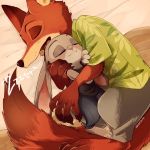  2019 anthro bed canid canine claws clothing cuddling disney duo english_text eyes_closed female fox furniture judy_hopps lagomorph long_ears male male/female mammal nick_wilde open_mouth sleeping text tongue uwasa zootopia 