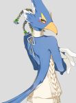  absurd_res anthro aooni avian bare_back beak bird blue_body blue_feathers breath_of_the_wild clothing feathers hi_res looking_back male meme meme_clothing nintendo revali rito solo sweater tail_feathers the_legend_of_zelda topwear video_games virgin_killer_sweater 