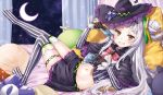  1girl bed belly blush capelet card commentary_request crop_top gloves grin hair_bun hair_ornament hat hololive leg_up long_hair looking_at_viewer midriff murasaki_shion navel night pillow ribbon silver_hair smile solo thighhighs virtual_youtuber witch_hat yellow_eyes 